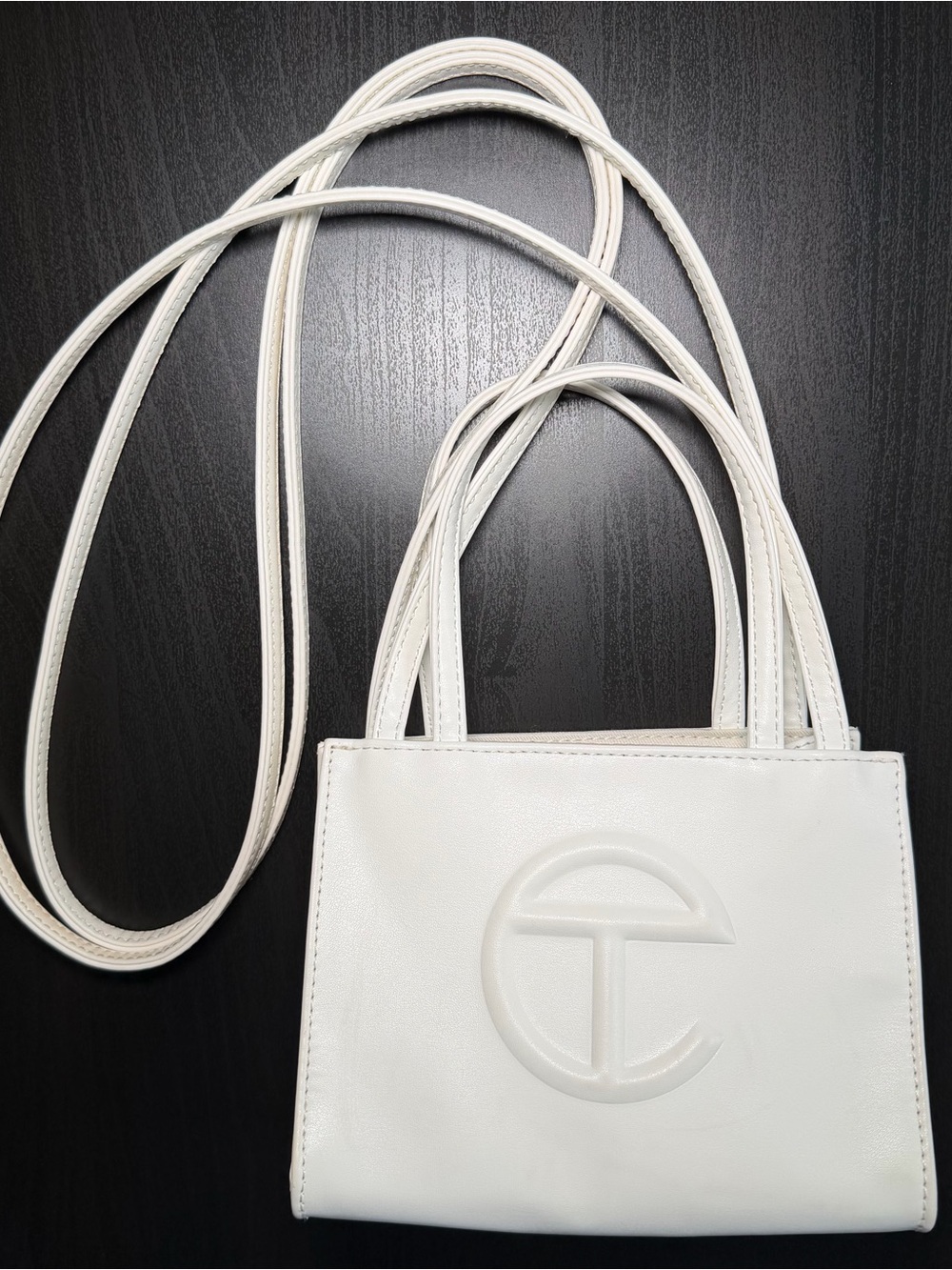 Telfar White Mini Leather Crossbody Tote with Embossed Logo